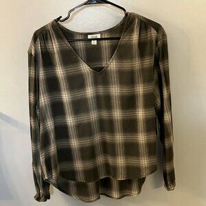 NWT ANA Plaid V-Neck Long Sleeve Green Blouse Small